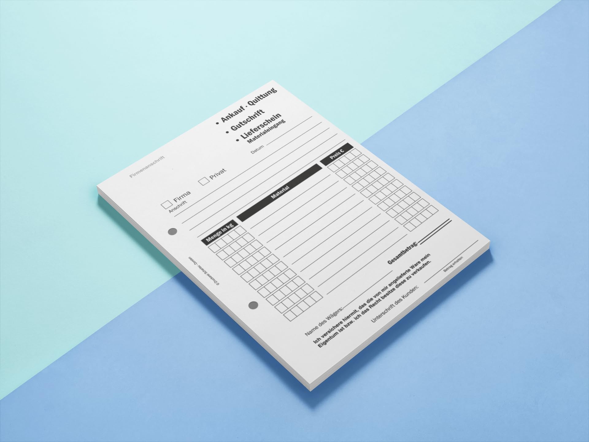 10x Ankaufquittung - Gutschrift - Materialeingang DIN A5, 2-fach selbstdurchschreibend,2x50 Blatt weiß/grün - gelocht (22608)