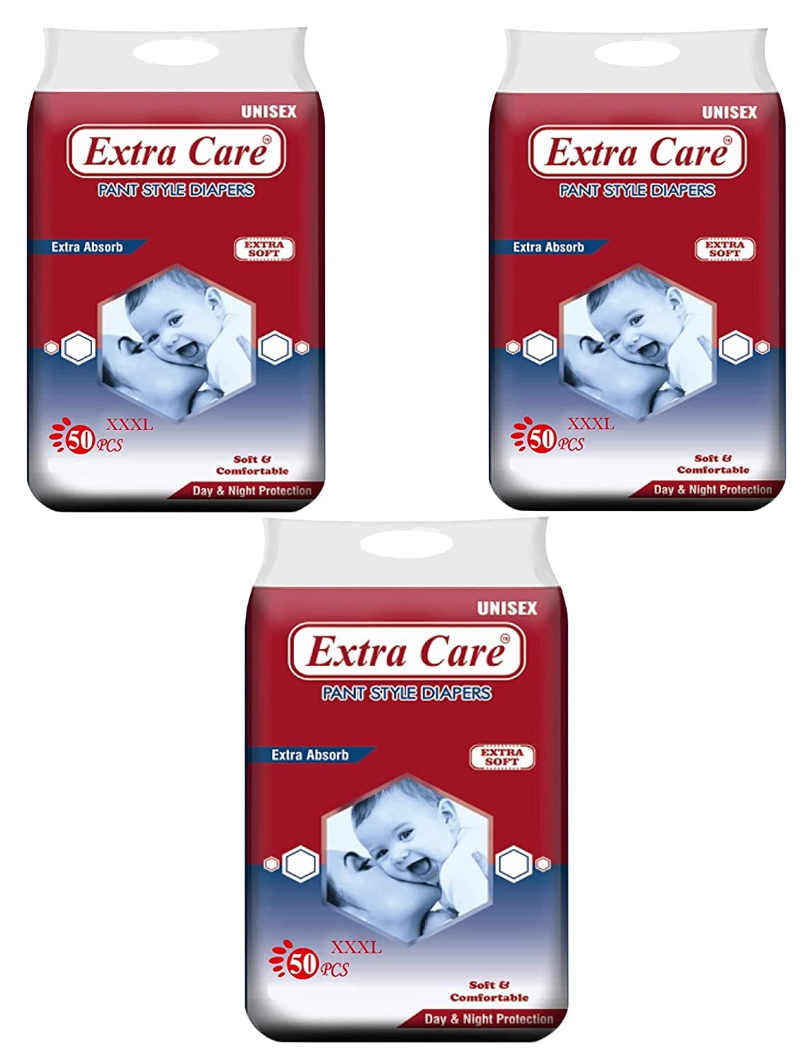 HANEEZ Extra Care Soft Pant Style Diapers 50 Count (Pack of 3, XXX-LARGE)16-26kg, 12 Hours Absorption, Extra Soft For Day & Night Protection