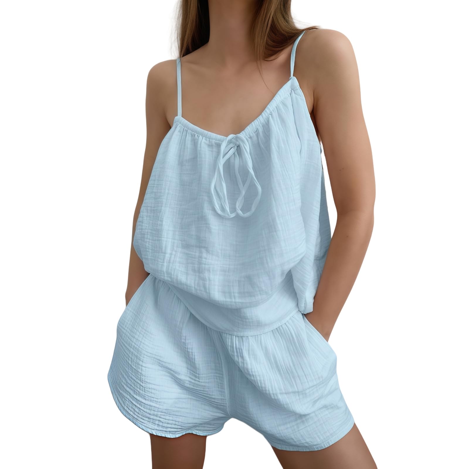 Thicc Women's Blue Sleepwear Set With Built-In Bra – Y2k Cami Pajama Set Bow Tie U Neck Tank Top Elastic Waist Shorts Solid Colour Loungewear For Summer Night Bedroom Homewear (,L)