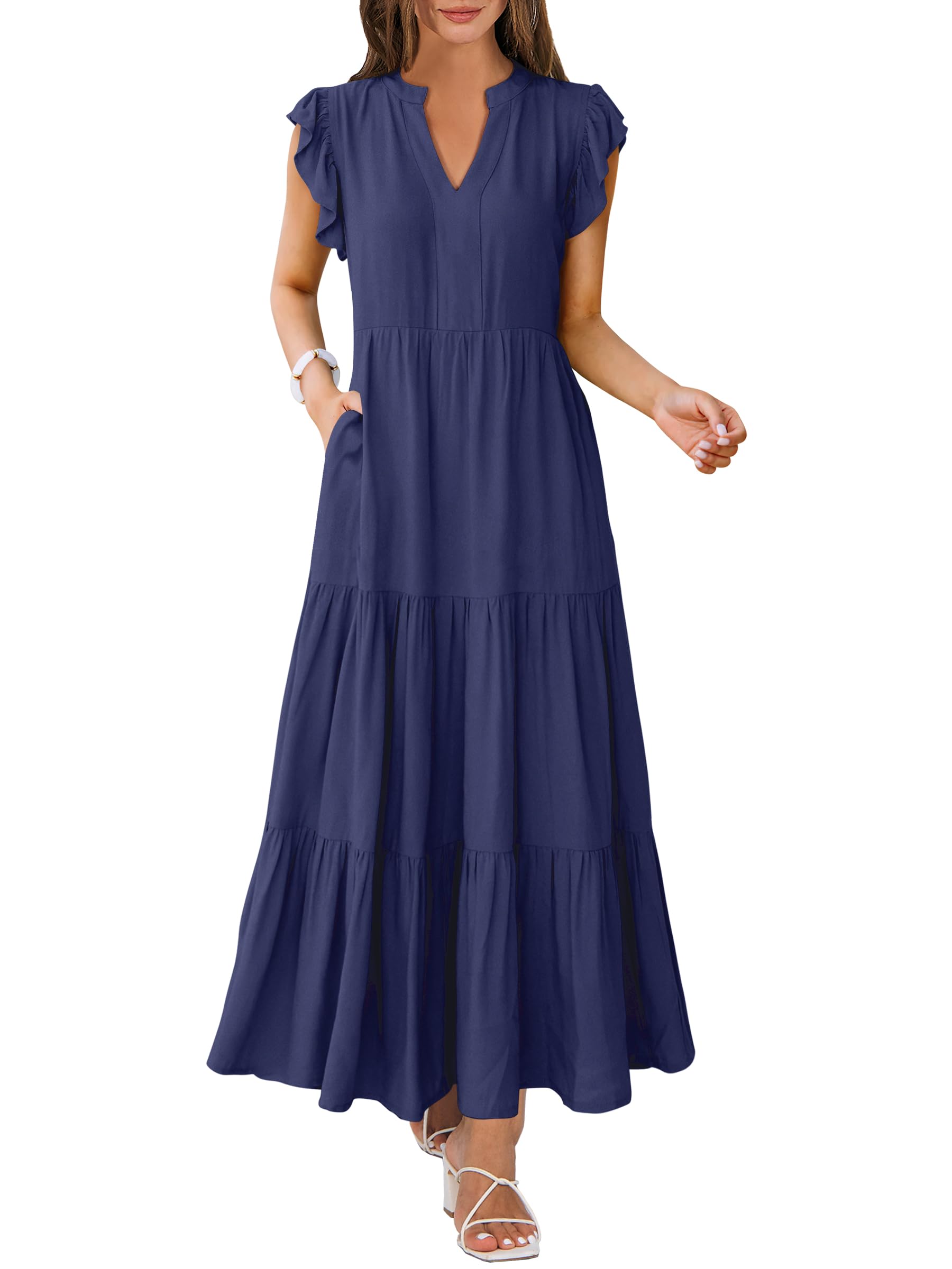 ANRABESS Womens Summer Casual Maxi Dress V Neck Ruffle Sleeve Long Dresses Fashion Flowy Tiered Boho Beach Vacation Sundress