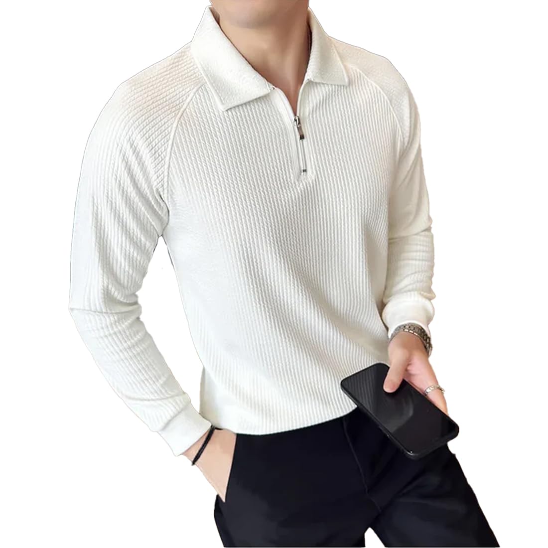 Men Solid Zip Polo Neck Full Sleeve Polyester Blend Regular & Comfort Fit T-Shirt for Men's
