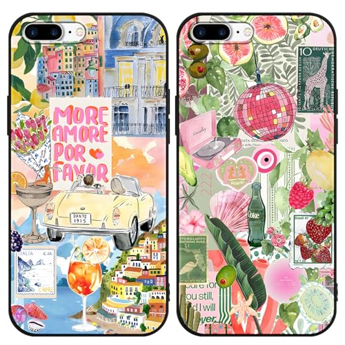 Omyzo [2 Piezas Funda para iPhone 7 Plus/8 Plus 5,5",Carcasa con Cartoon Aesthetic Verano,Empalme,Fruta,Limón,Flor,Hoja,Océano Patrón Diseño Cover,TPU Bumper Protección Case,Cartoon