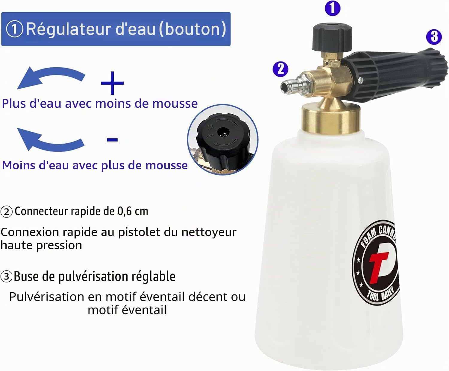 Tool Daily Canon à Mousse pour Nettoyeuse Haute Pression, Lance à Mousse de Lavage de Voiture, Buse Additionnelle Orifice 1,1 mm, Raccord Rapide 1/4"