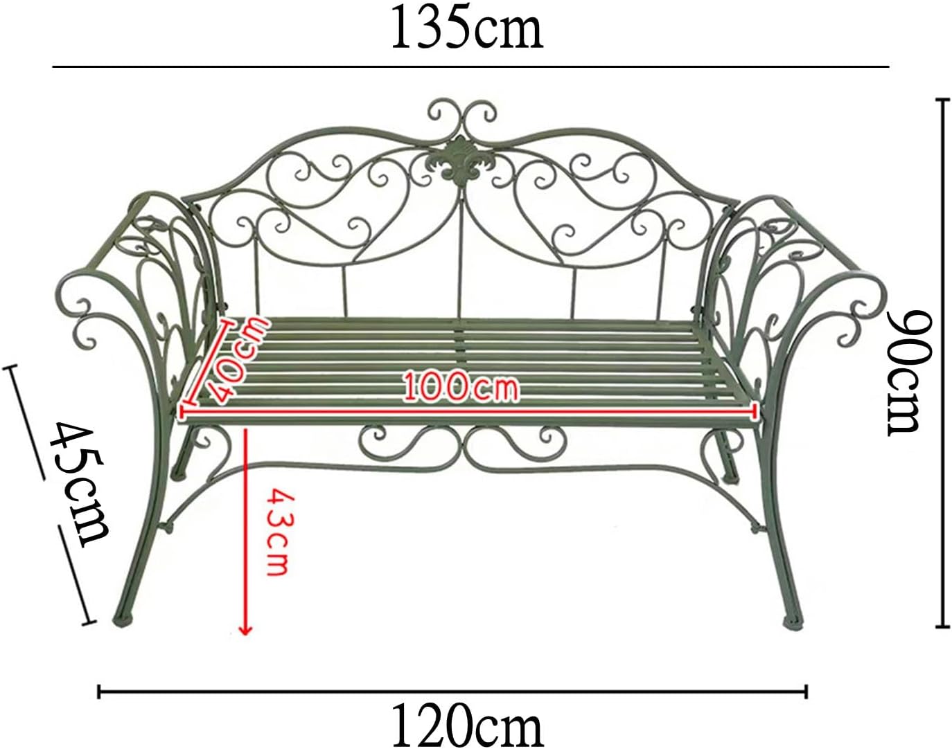 Outdoor Bench Garden Bench w/Armrests, Antique Metal Finish Park Chair, Anti- Rust Cast Patio Bench Wrought Iron Double Seats for Garden Park Yard Patio Porch Lawn Entryway Deck(Green)