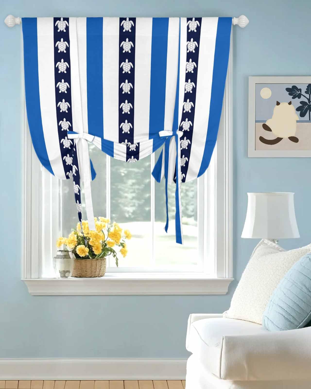 Tie Up Curtains for Windows Retro Marine Turtle Rod Pocket Tie-Up Window Shade Adjustable Balloon Curtain Valance Classic Blue White Stripe for Bedroom Kitchen Bathroom Blinds,42x45in