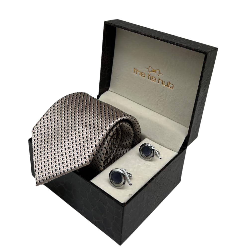 the tie hub Silver Textured Microfiber Necktie and Blue Round Cufflinks for Men-picture-11