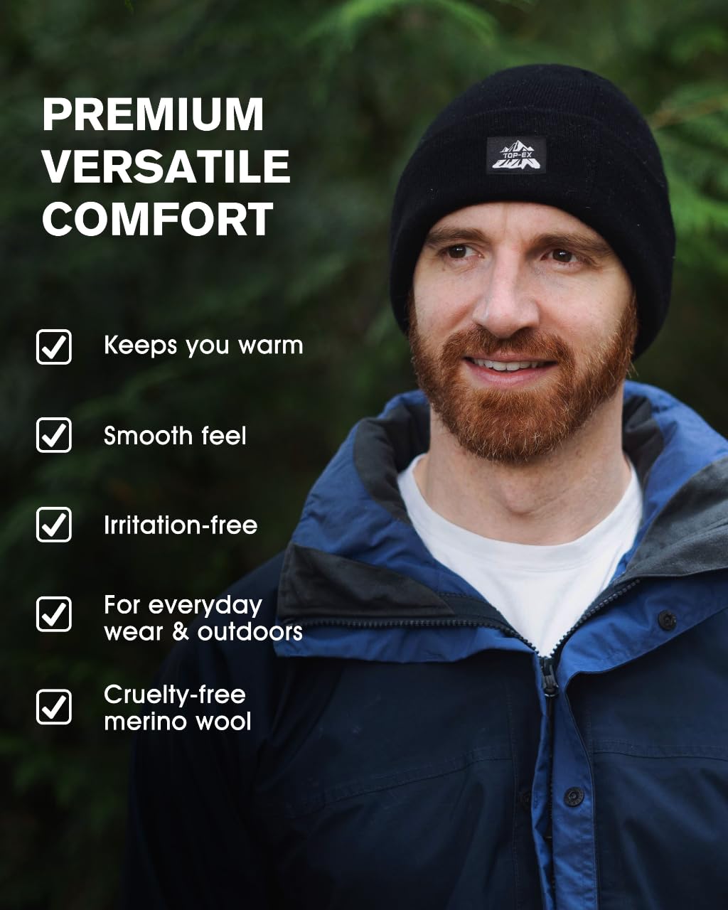 TOP-EX Bonnet 100 % laine mérinos pour homme et femme avec doublure en polaire thermique pour temps froid, ski, course à pied, chasse, marche