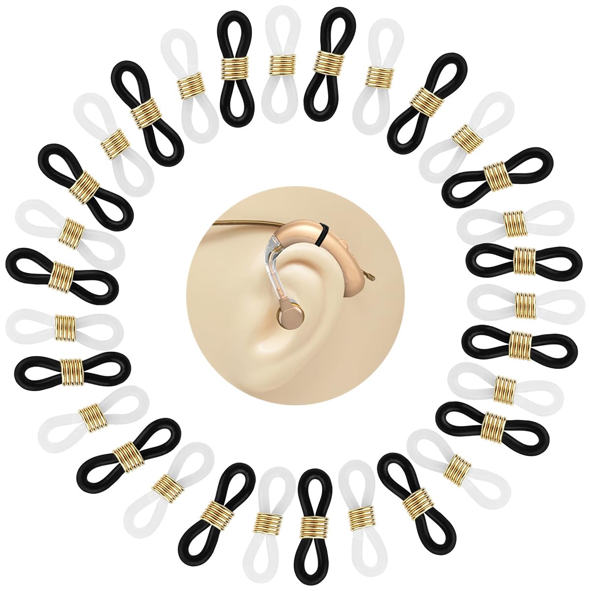30pcs Hearing Aid Retainer for Eyeglass Users Hearing Aids Glasses Connectors Attachment Loop Anti-Lost Hearing Aids Holder Accessories for Adults Seniors (White/Black) (Golden Ring)