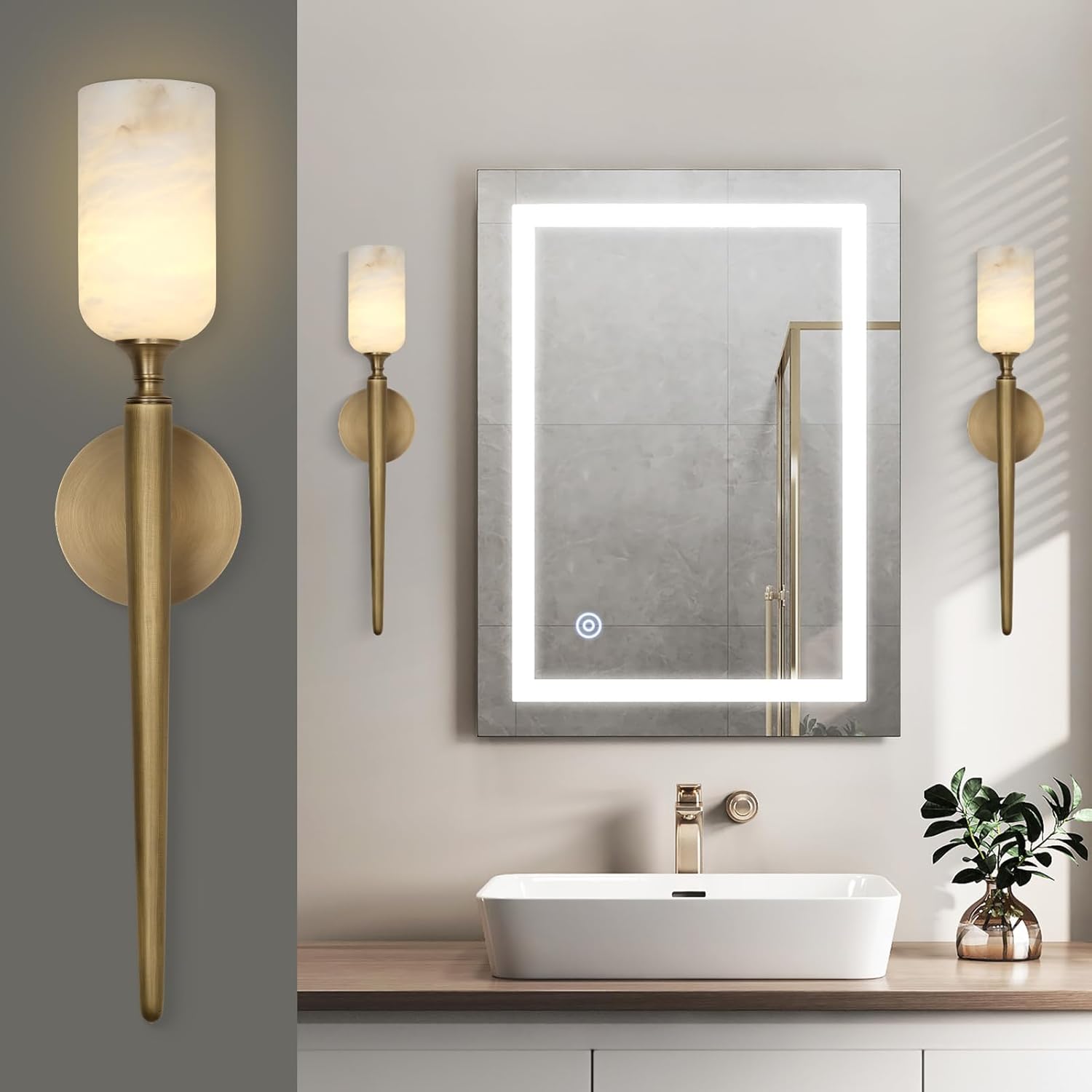 Sucelating Natural Alabaster Wall Sconce, Gold Bathroom Wall Sconces ...