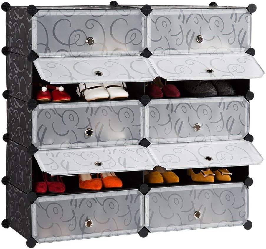LANGRIA 10-Cube DIY Shoe Rack, Storage Drawer Unit Multi Use Modular Organizer Plastic Cabinet with Doors, Black and White Curly Pattern