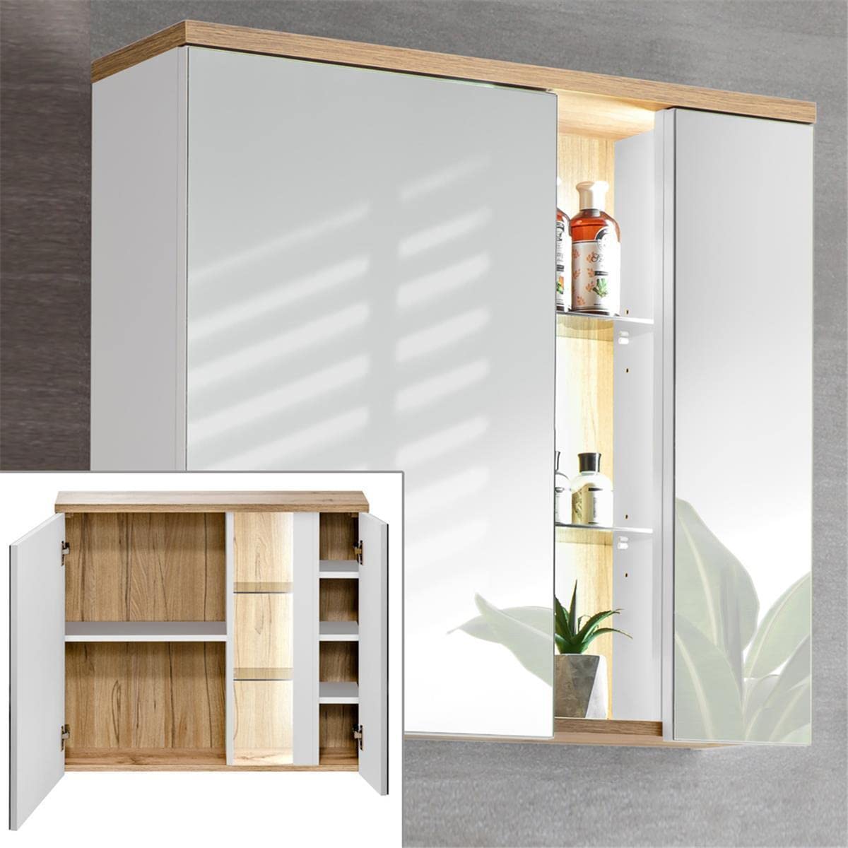 Lomadox Badmöbel Komplett Set, 80cm Unterschrank mit Keramik Waschbecken, Hochglanz weiß mit Wotaneiche, 2 Hochschränke und LED-Spiegelschrank