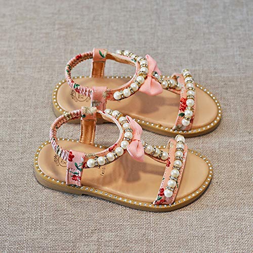 White Sandals for Girls Kids Baby Girls Sandals Bowknot Pearl Crystal Roman Sandals Princess Shoes (Pink, 29)3