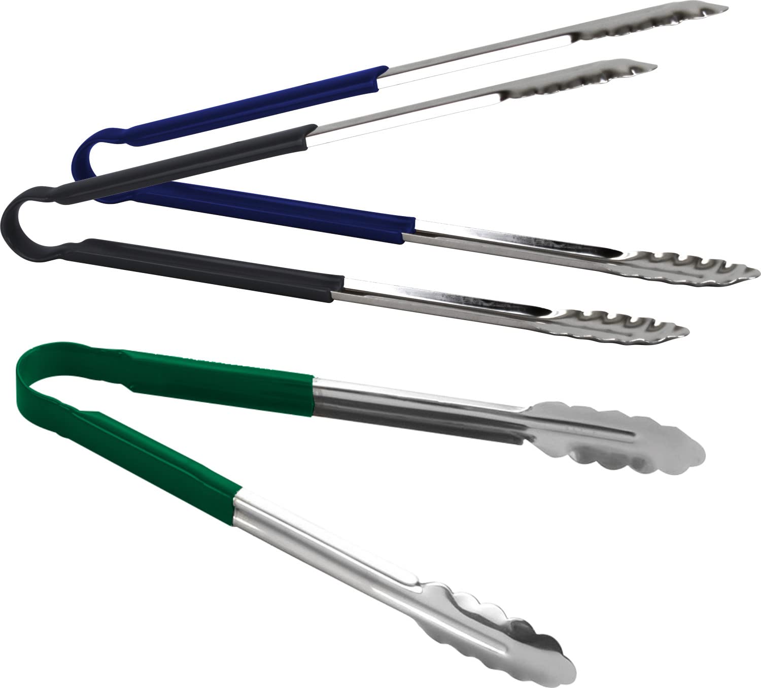 3pc Catergold Professional 15" (38cm) Stainless Steel Food Tongs Set (Green Blue Black)