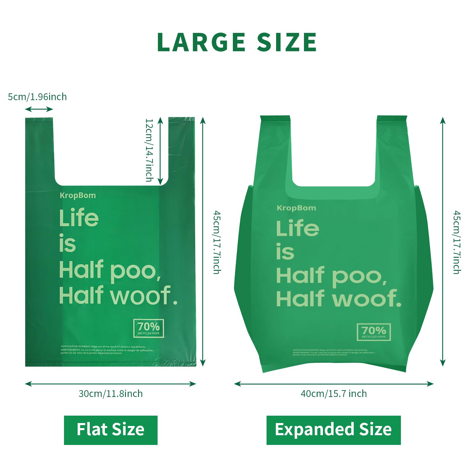 Lot de 60 grands sacs à déjections canines avec poignées, jetables, extra épais, faciles à nouer, étanches, renforcés, non parfumés