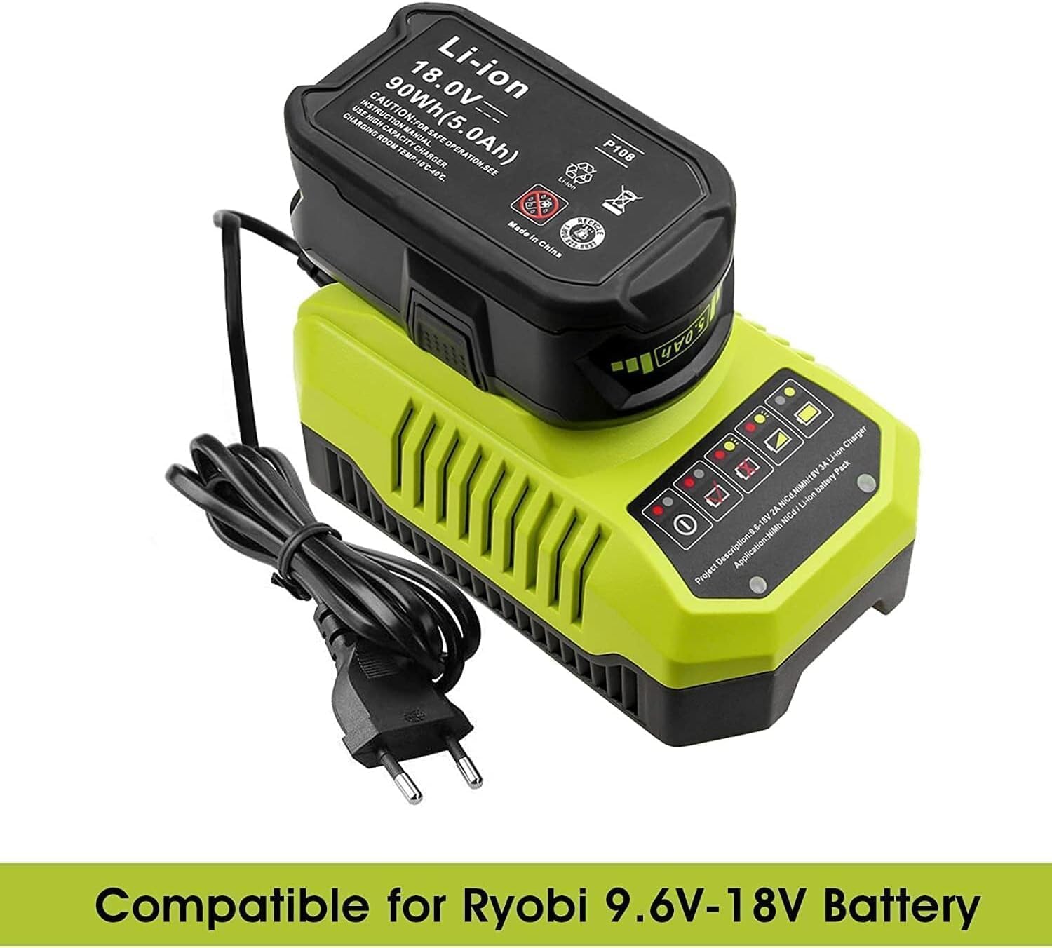 2X 18V 5,5Ah (con Cargador) Batería de Repuesto para Ryobi + Cargador 9,6V-18V 3A para Ryobi P106 P107 P108 P100 P102 P103 P105 Self-LED (Verde)