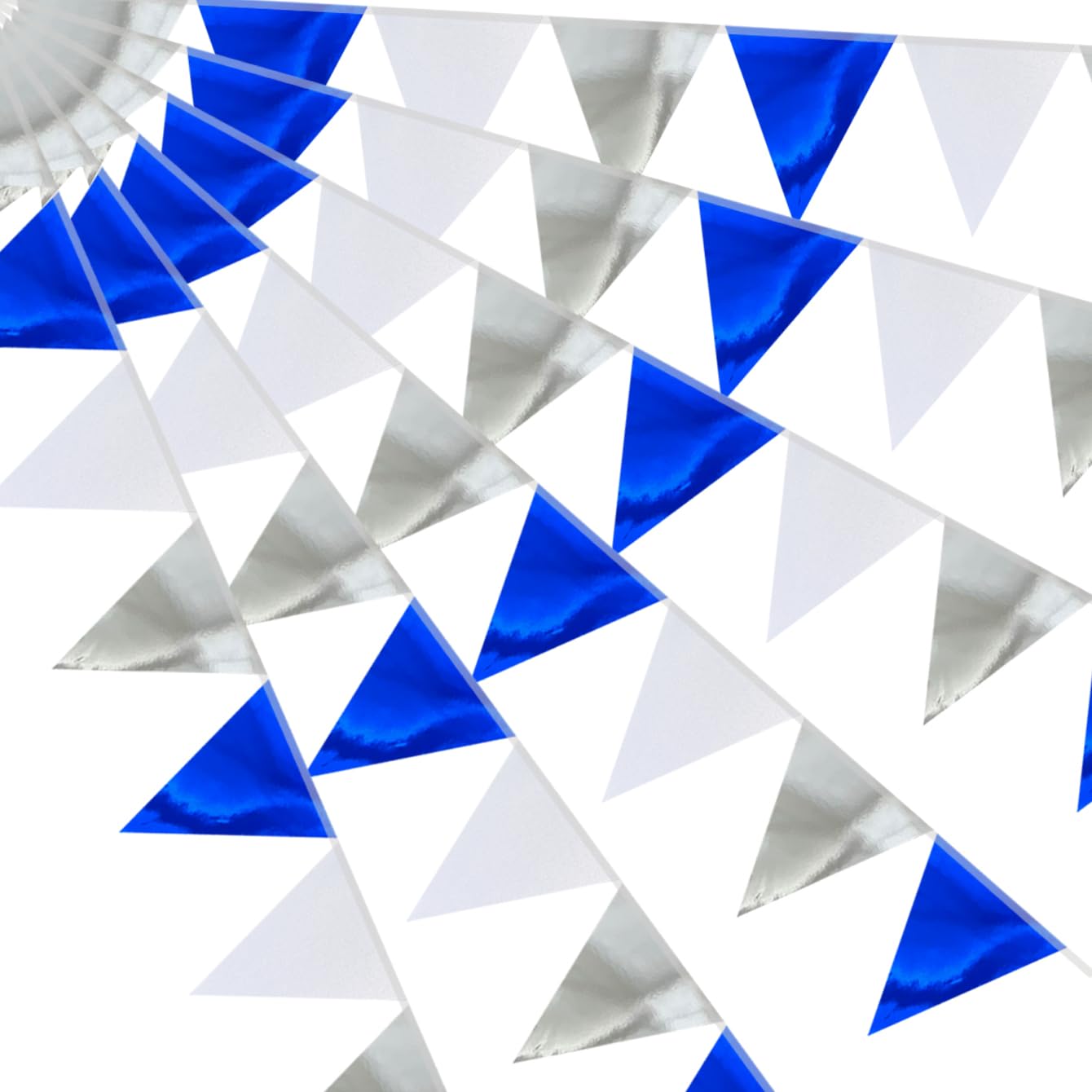 64ft Navy Blue Silver White Triangle Pennant Banner Flag Metallic Paper Bunting Garland for Hanging Backdrop Birthday Decorations Graduation Nautical Ahoy Achor Bridal Airplane Marine Party Supplies