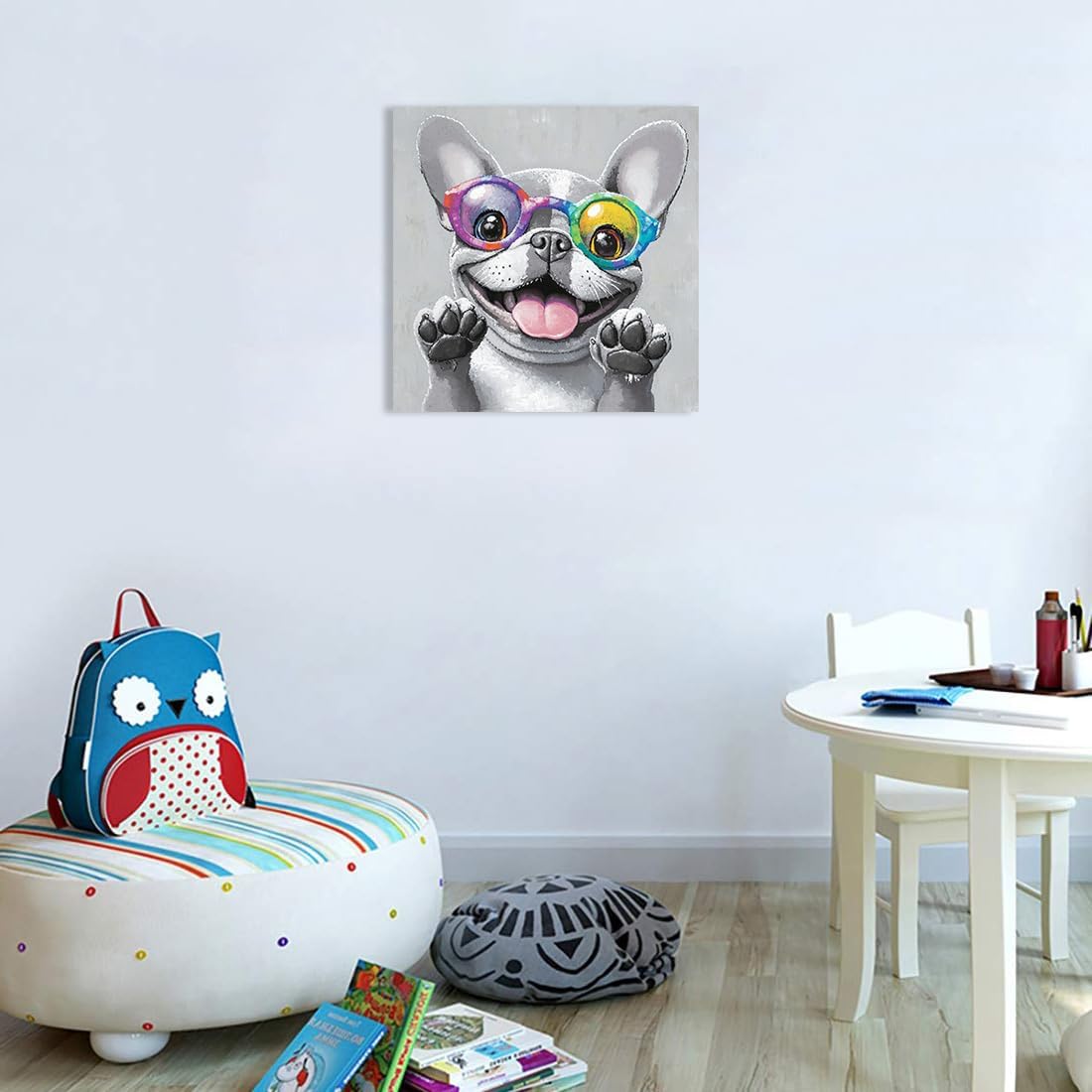 Ypxzzj Cute Dog with Glasses Canvas Wall Art,Funny Bulldog Decor Wall Art Pictures Painting Posters Artworks for Children's room Bedroom Living room Decor Framed Ready to Hang