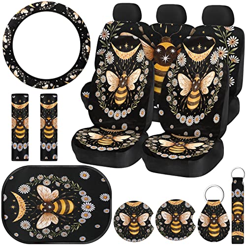 Yexiya 15 Pcs Moon And Star Car Seat Covers Full Set For Women Men Bee Daisy Leopard Print Car Accessories Set Steering Wheel Cover Armrest Pad Cover Seat Belt Pads Wrist Keychain (Bee, Daisy) #TOP25