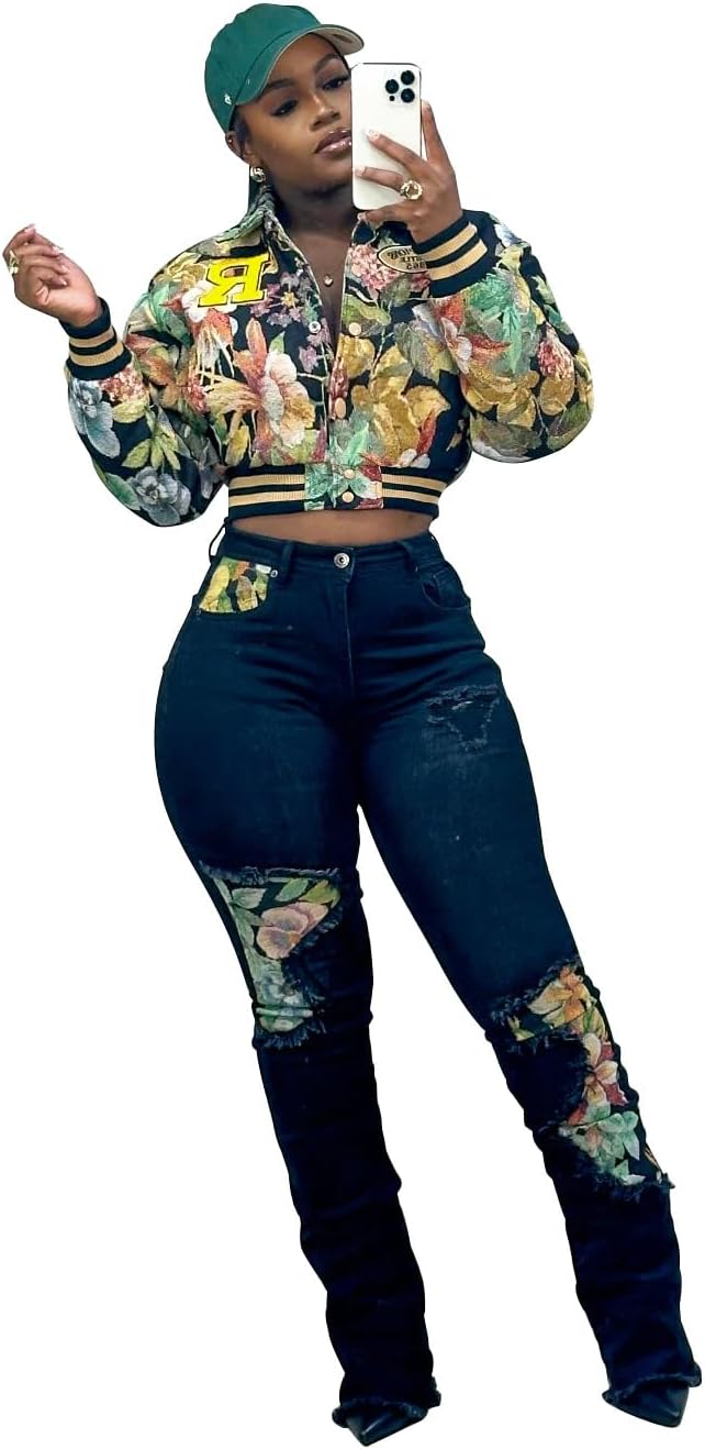 Women's Cropped Floral Print Bomber Jacket Casual Button Down Coats Outerwears - Image 3