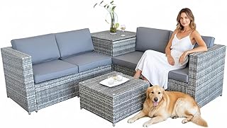Mucola Polyrattan Lounge Set mit Kissenbox – Gartenlounge XXL, wetterfest & UV-beständig, inkl. Tisch mit ESG-Glasplatte, modulare Outdoor Sitzgruppe für Garten, Terrasse & Balkon, Grau