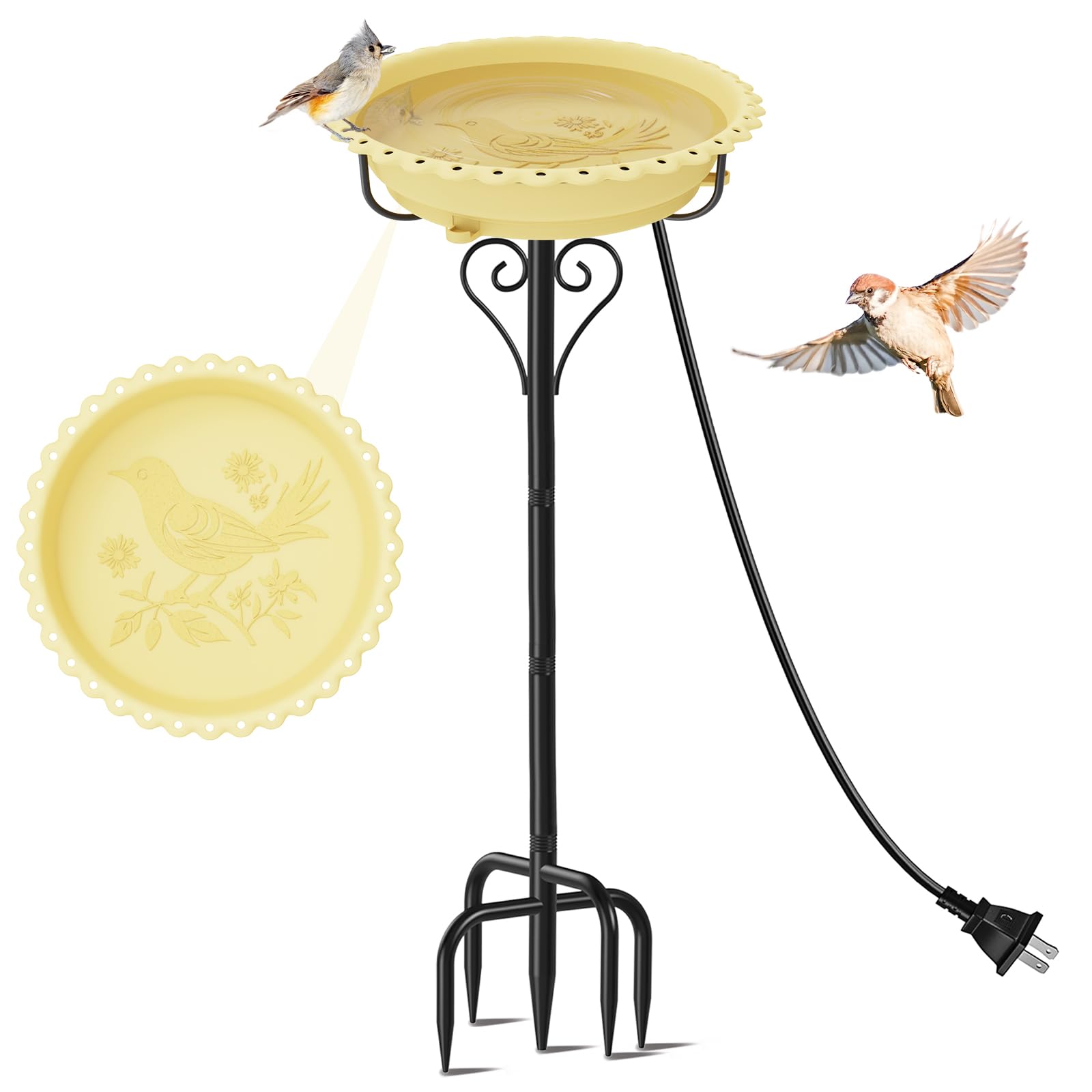 ODSNANIE 40In Bird Bath for Outside,Freestanding Birdbath & Birdfeeder with Metal Stake,Vintage Birdbaths Water Bowl with 5 Prongs Base for Outdoor Garden Yard Decor (Beige)