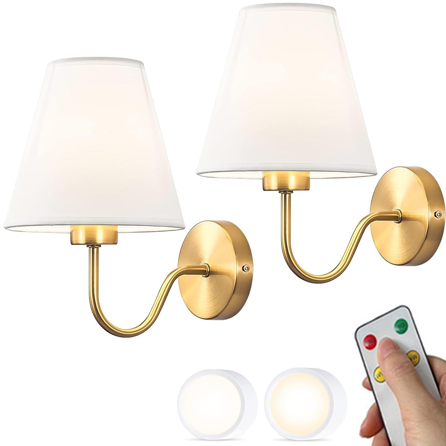 PZAOJAU Aplique de pared con pilas Pantalla de tela Juego de luces de pared inalámbricas doradas vintage 2 Lámpara de pared inalámbrica recargable por USB remota sin cable para dormitorio Sala de esta