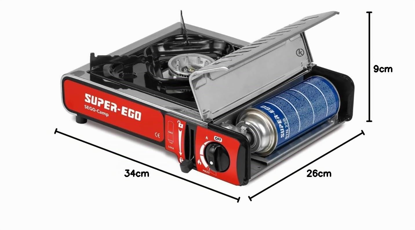 KROWN - Cocina Portátil SUPER EGO Sego Camp con 1 quemador y 2.2 kW, 4 Cartuchos de Gas Incluido, Cocina compacta y portátil, ideal para cocinar al aire libre.