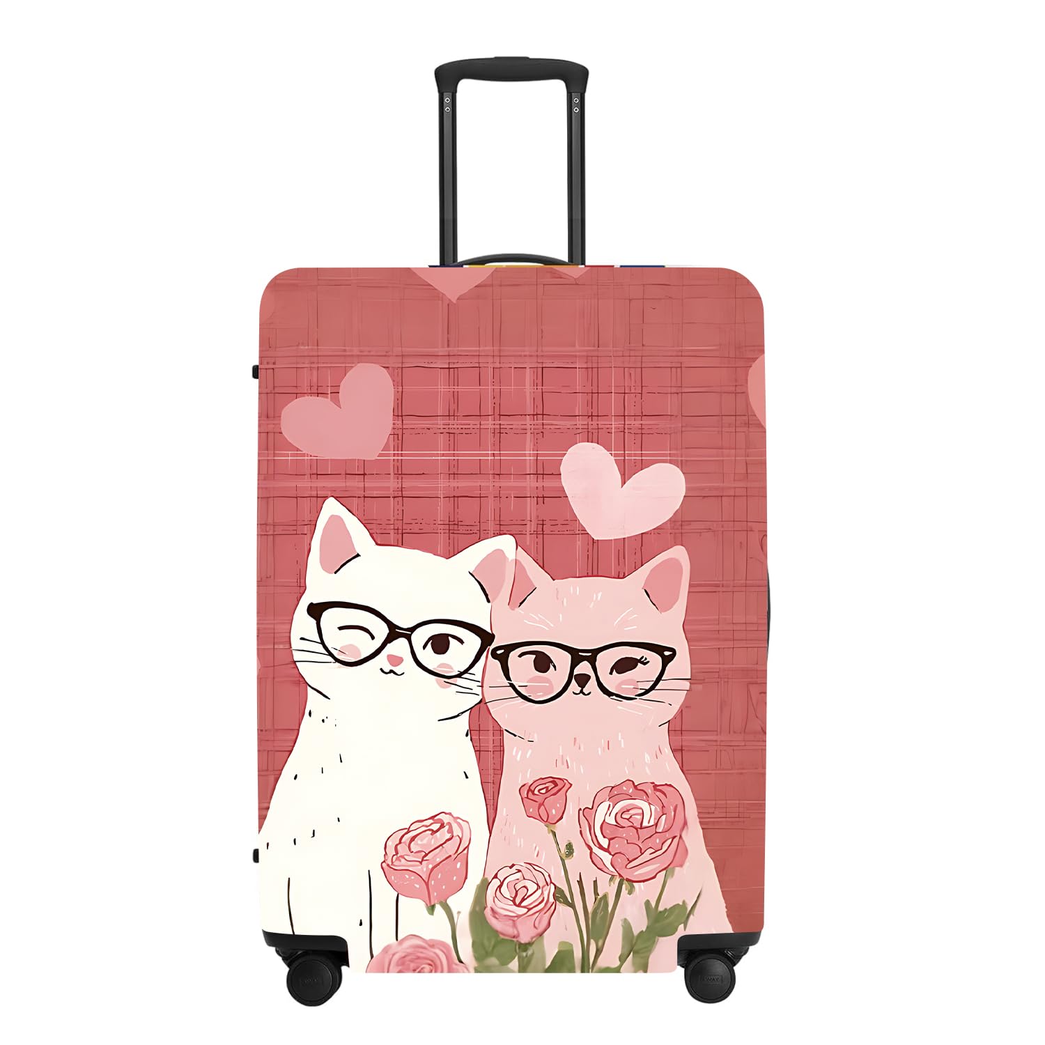 Cat Glasses Romance Luggage Cover, Washable Suitcase Protector with Feline Hearts Flowers Anti-scratch for 28",30"Bag
