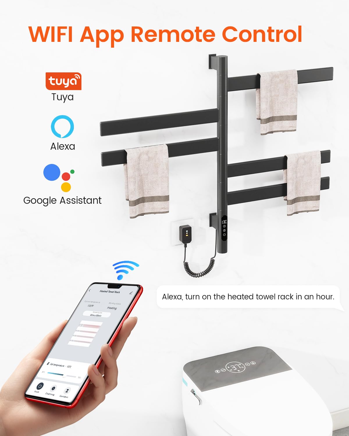 MYACUC Smart Heated Towel Rack, Black, Stainless Steel, Wall-Mounted, 16.46