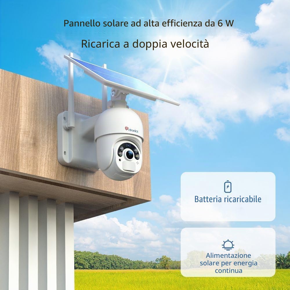Ctronics 6W Pannello Solare Telecamera Esterno WiFi 2K 3MP, Visione Notturna Colore 30m & Spotlight, PC/APP, FTP/Cloud/128GB, Rilevamento PIR, Audio Bidirezionale, IP66 | Visione Notturna Colore 25m & Spotlight, PC/APP, FTP/Cloud/128GB, PTZ IP WiFi a Batt