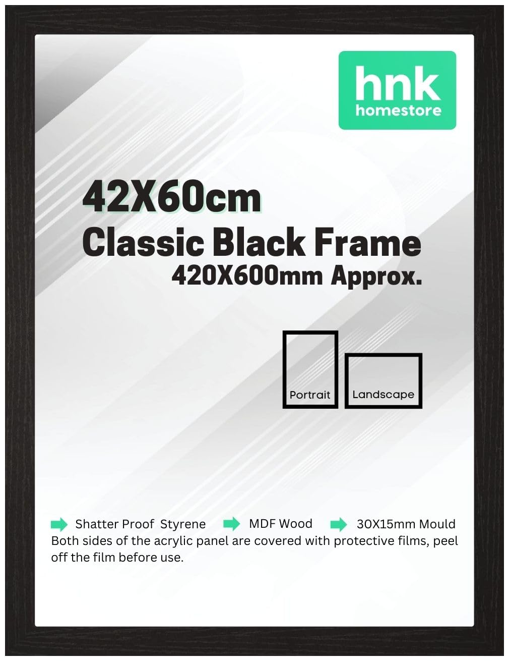 HNK Classic Picture Poster Frame, 42X60cm Black Frame, Wood Finish, Portrait, Landscape Display Rectangle 420X600mm Frame (Black Picture Frame)
