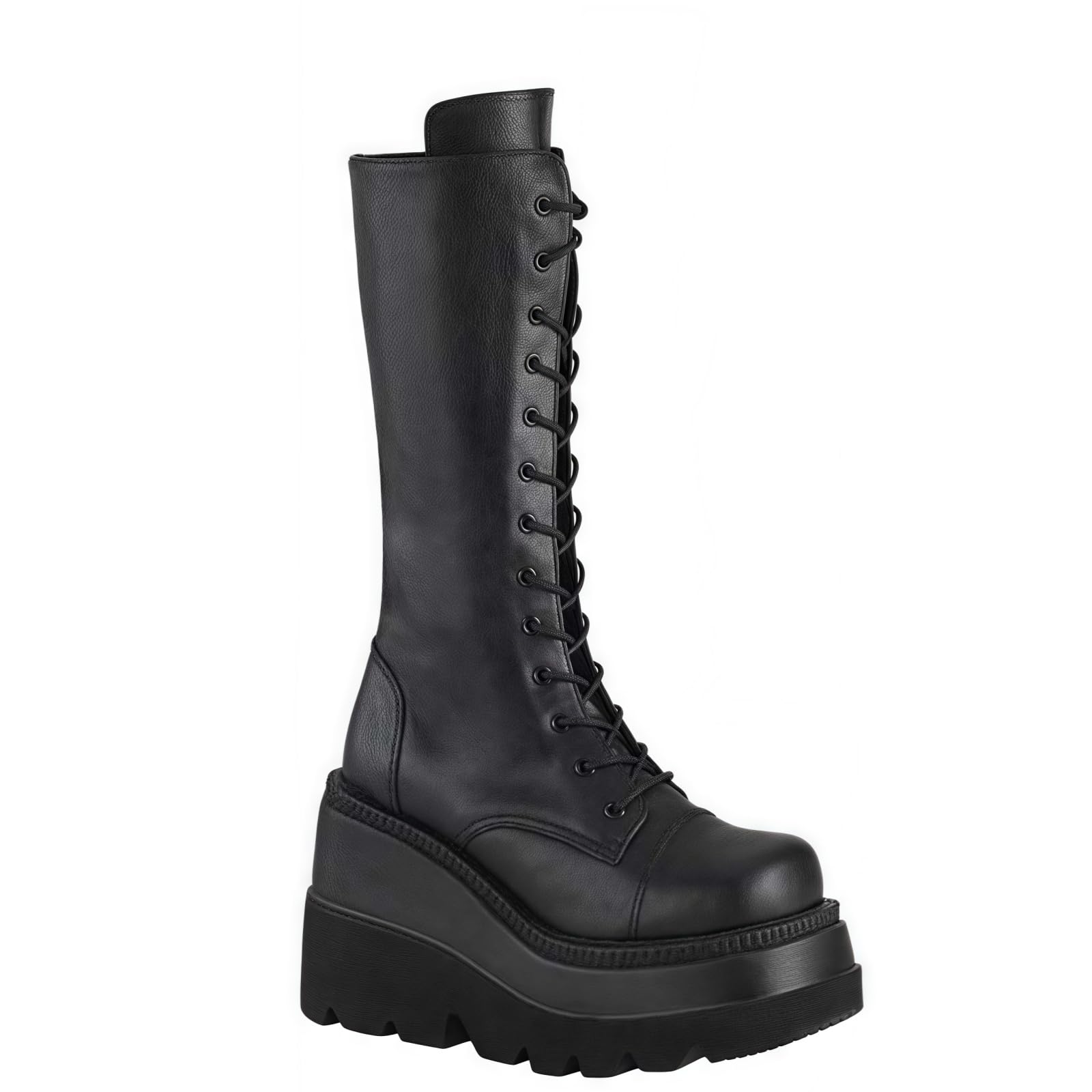 Stivali da ginocchio con piattaforma a cuneo alto con tacco piattaforma grosso Lace Up & Zipper Punk Goth Stivali da combattimento di vitello medio Stivali da moto con fibbie in metallo