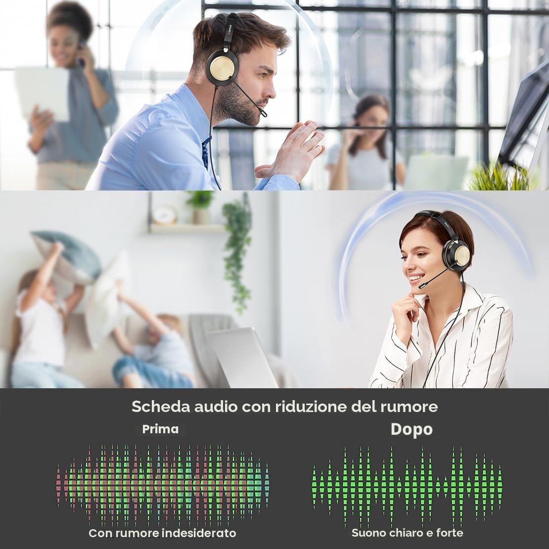 Wantek Cuffie USB con microfono per PC portatile, con cancellazione del rumore, regolabili, per ufficio e lavoro