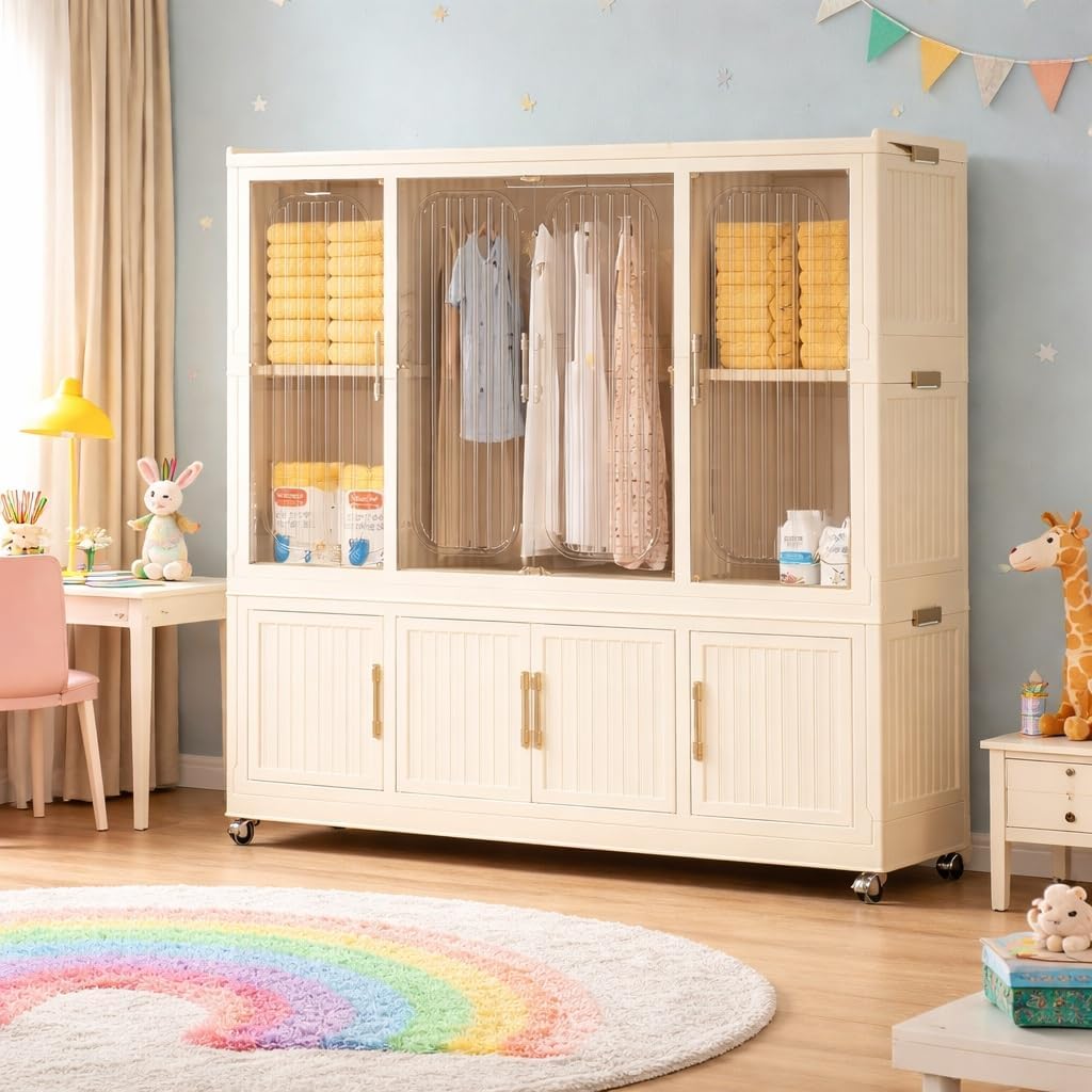 Mevigo Door Plastic Wardrobe for Kids| Almirah and Wardrobe for Baby Clothes| Modular Storage Cabinet with Wheel Organizer for Cupboard Rack for Clothes/Shoes/Books/Toy (White-TG651, 9- Door)