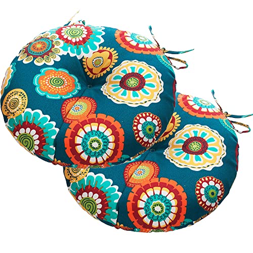 Magpie Fabrics Outdoor Round Bistro Seat Cushions with Ties Set of 2, Tufted Waterproof Barstool Chair Pads for Patio Home Garden Office (15"x15"x4", Floral Green)