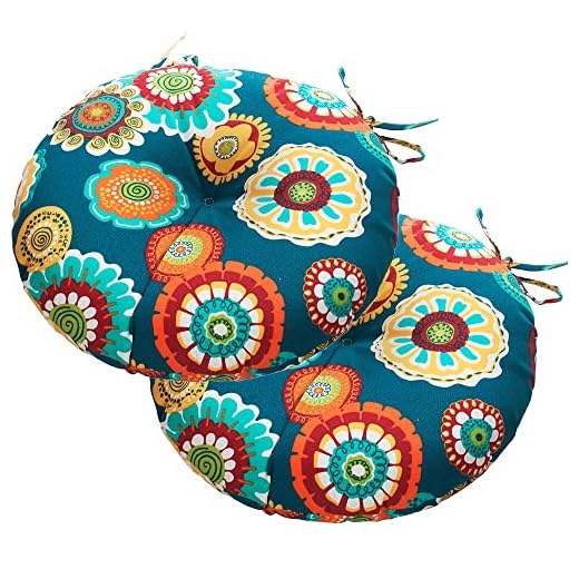 Magpie Fabrics Outdoor 15"x15"x4" Round Bistro Seat Cushions with Ties Set of 2, Tufted Waterproof Patio Floor Chair Pads for Home Garden Balcony Kitchen Office Porch, Heronsbill Turquoise Green