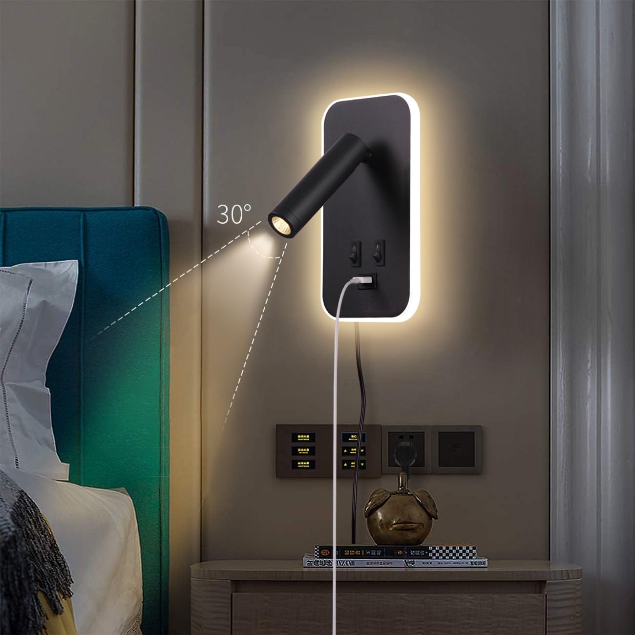 3W+9W LED leselampe wandlampe USB-Aufladung mit schalter wandleselampe Bettlampe innen Leselicht Schwenkbar Wandbeleuchtung Schlafzimmer Nachttischlampe 3100K, mit Stecker und Kabel, Schwarz