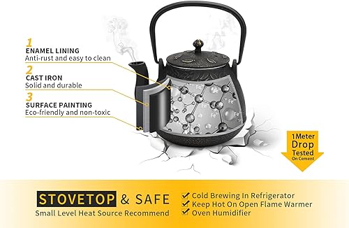 Miniatura 31 de Toptier - Tetera japonesa de hierro fundido con infusor de té de acero inoxidable. Juego de tetera de hierro fundido duradero, diseño retro Tea