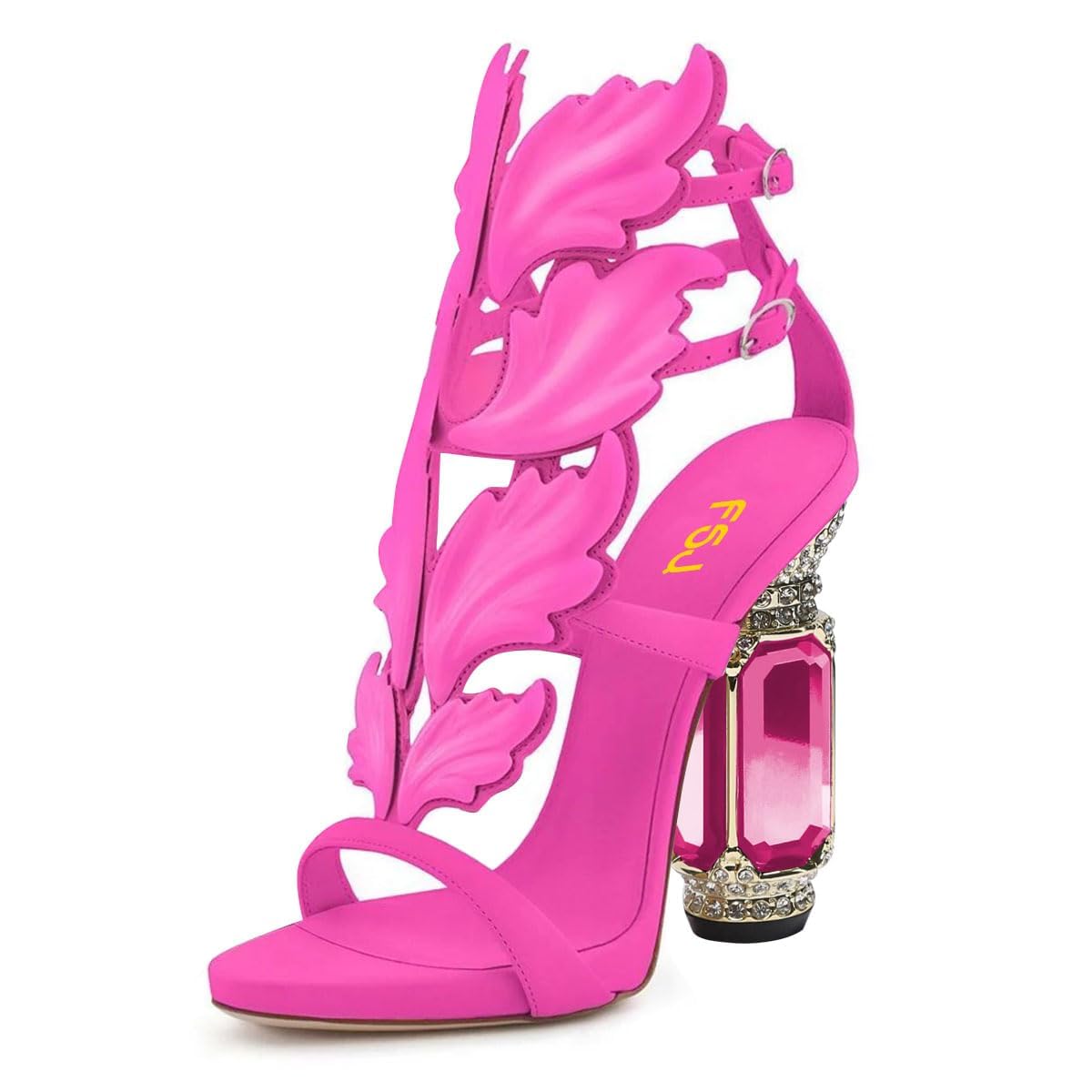 FSJ Women Open Toe Stylish Sandals Ankle Strap Chunky Block High Thick Heels Wedding Party Ballroom Shoes Size 4-15 US