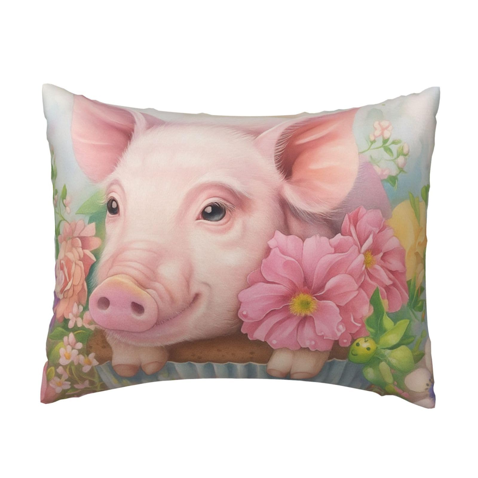 Pig on Cake with Flowers Pillowcase Soft Plush with Zipper Decorative Pillowcovers 16x20 in