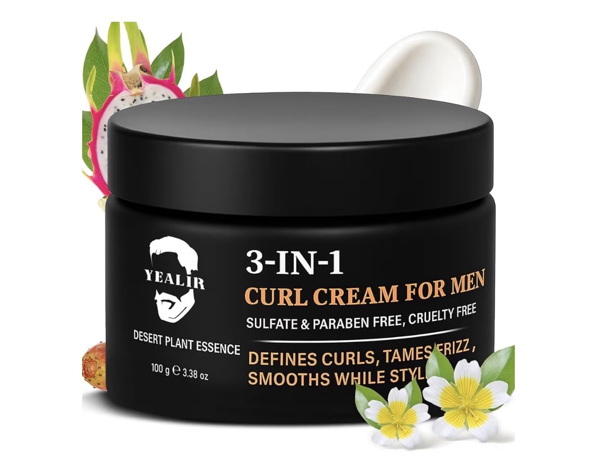 YEALIR 3-in-1 Curl Cream for Men - Defines Curls, Tames Frizz, Adds Smoothness and Texture for Curly and Wavy Hair, Hair Styling Cream with Desert Derived Extracts, Sulfate - Free 3.38 oz