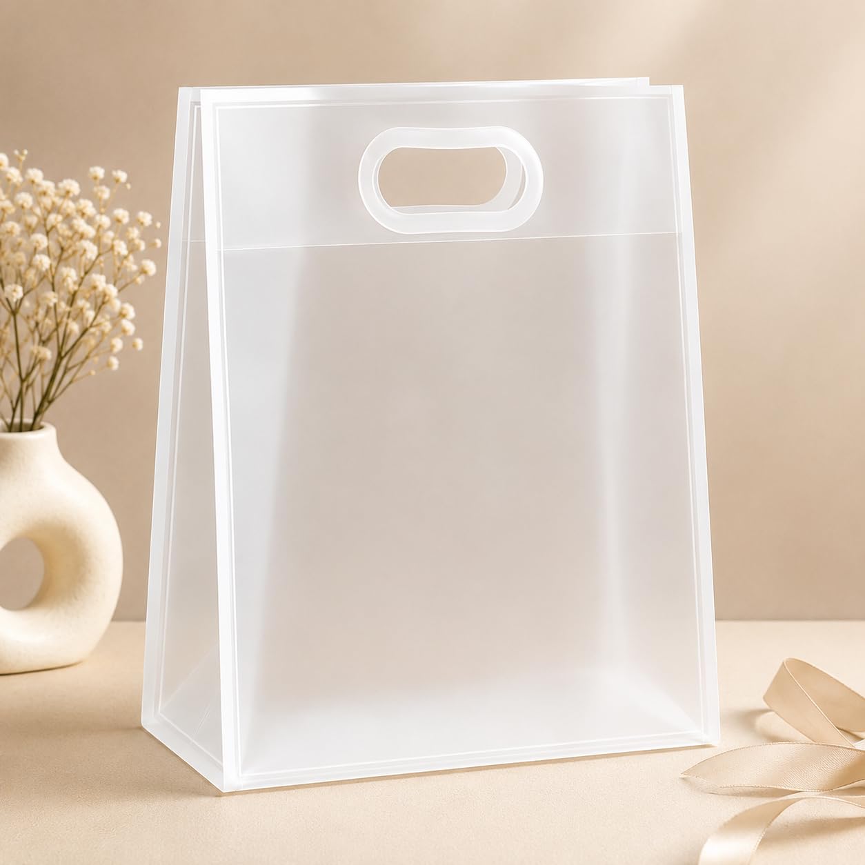 SPHINX PVC Translucent Gift Bags with Handle Set of 10, Frosted Waterproof Carry Bags for Gift Packing, Reusable Gift Wrapping Bags for Birthday Gifts, Wedding Gifts, Party Favors,Return Gifts &Gift Hampers (white)