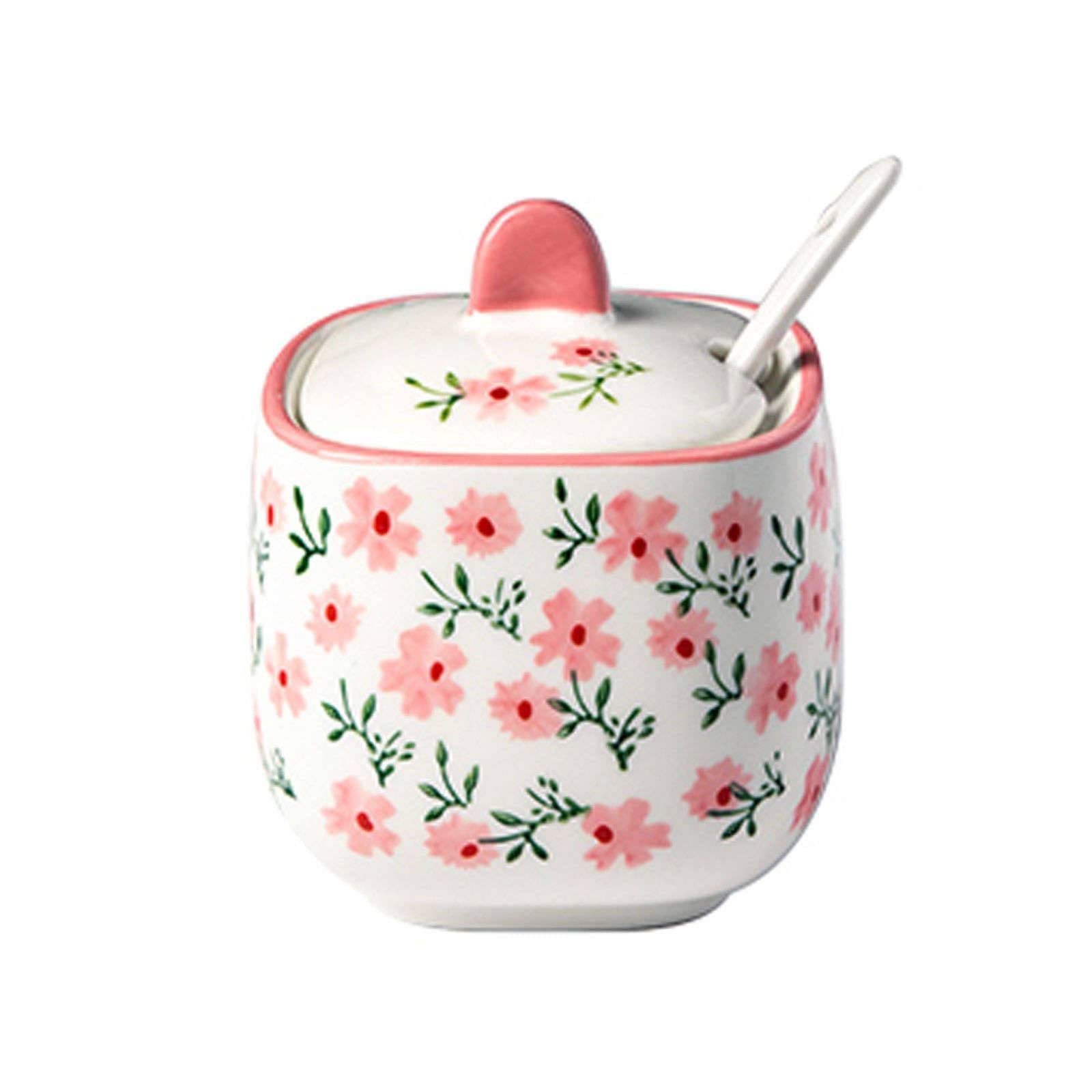 latas de azúcar de cerámica, Azucarero de cerámica con tapa y cuchara, salero y caja de condimentos de estilo rústico, caja de especias de cerámica con cuchara y base, juego de 3(Pink 1)