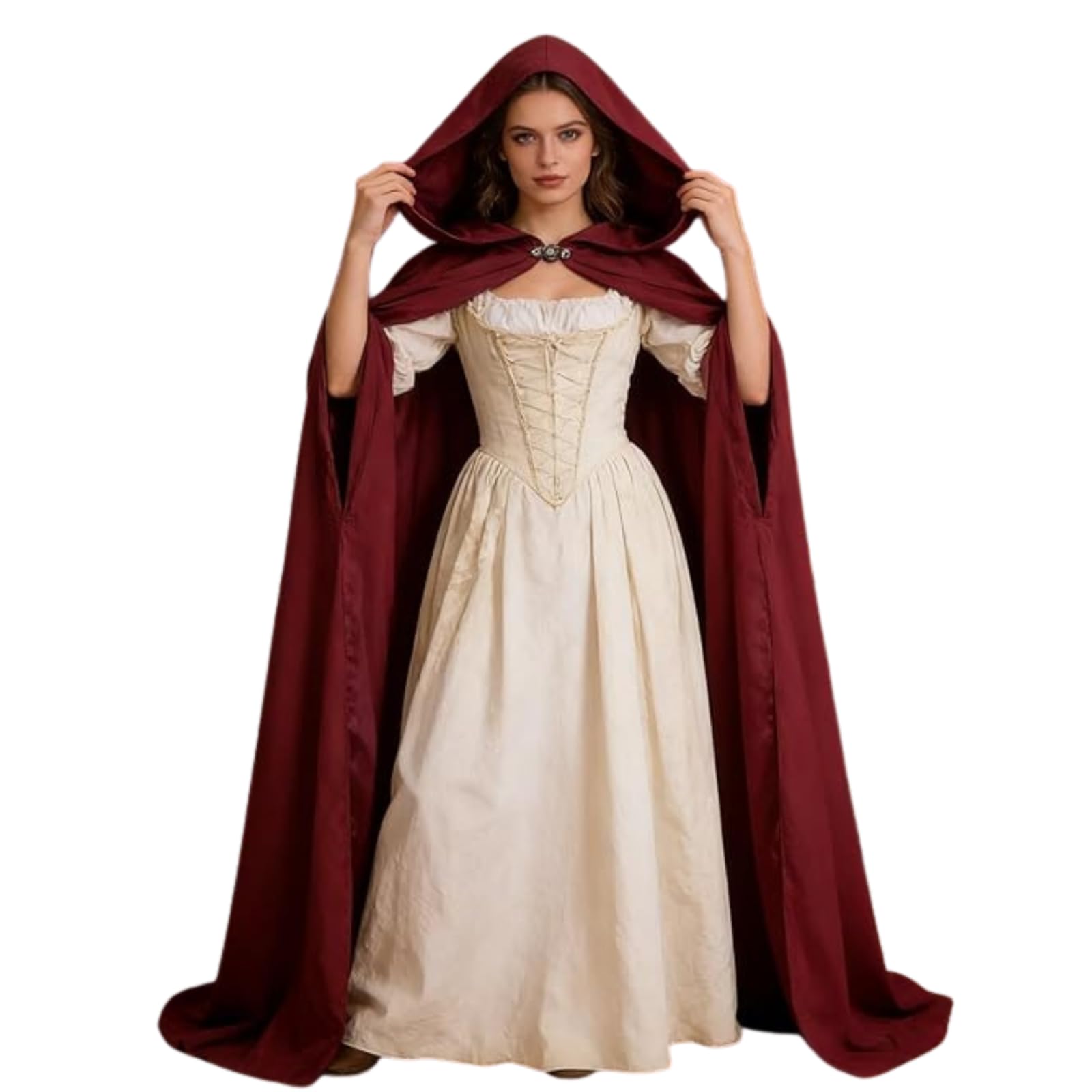 HAPNBCELE Women's Renaissance Cloak with Hood, Medieval Cape Queen Princess Witch Costume Halloween Christmas LARP Party (Wine Red, 59.05"/150cm)