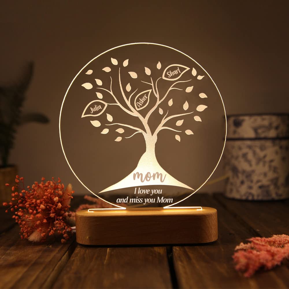 Kaululu Personalized Tree of Life Night Light with Family Names for Mother Led Lamp Wood Base Customised Gifts Personalized Gifts for Mum/Her