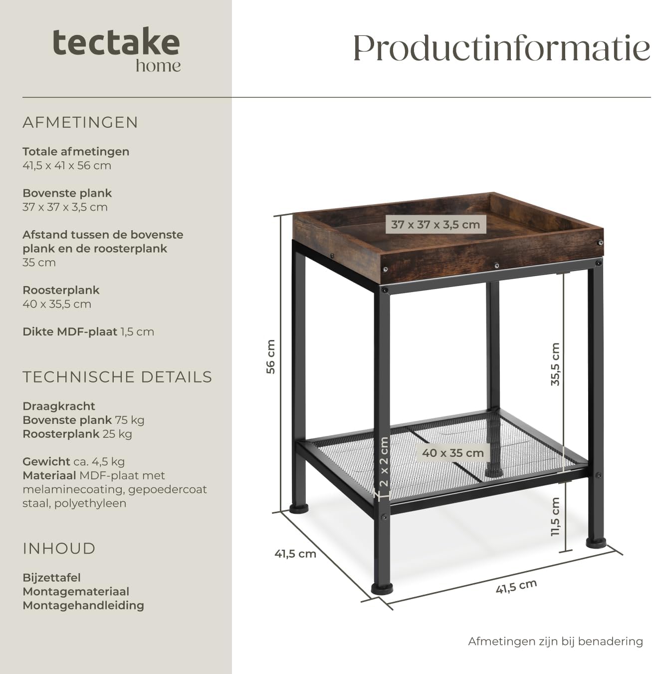 Diagram showing the dimensions and components of the tectake Rochester Side Table.