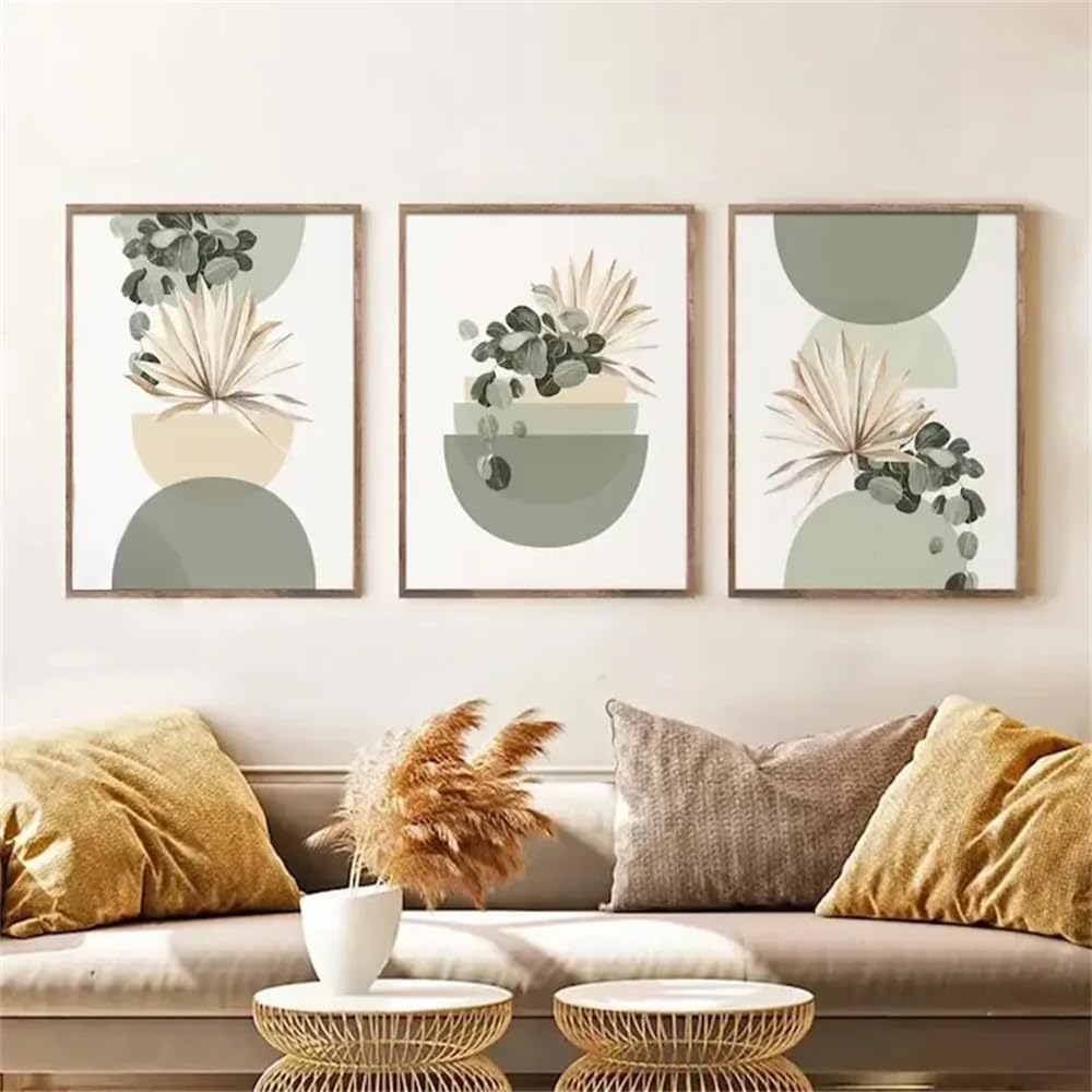 Botanical Posters-Bohemian Green Beige Block Poster Sage Medieval Bohemian Oil Painting Wall Art Picture Fresh Living KitchenBedroom Home Decoration-60 * 80cm*3PCS (No Frame)