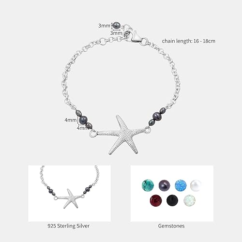 Miniatura 4 de Black Pearl Bracelet for Women with Sea Star in 925 Sterling Silver - June Birthstone,Handmade Birthstone Bracelet for Women, Black Pearl Beads -
