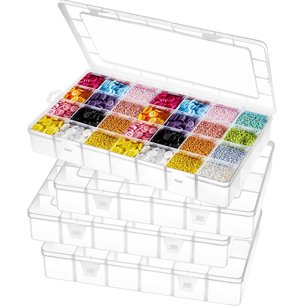 Hiuyavy 28 Grids Small Compartment Craft Case, 4PCS Bead Organiser Storage Box, Organizer Storage Container with Dividers, Clear Plastic Storage Boxes for Earring Jewelry Seed Small Parts