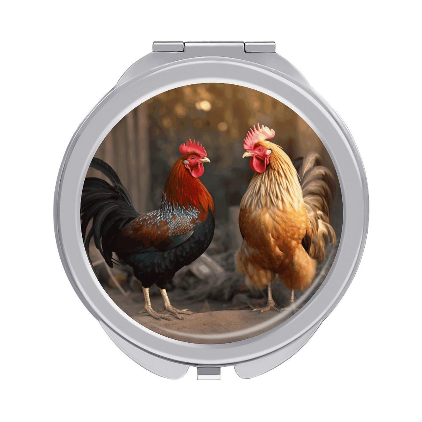 LZQPOEAS Rooster and Chicken Compact Mirror, Double-Sided Folding Makeup Mirror, Durable Metal Travel Pocket Mirror for Purse, Portable Round Touch-Up Mirror for Table Gifts and Everyday Use